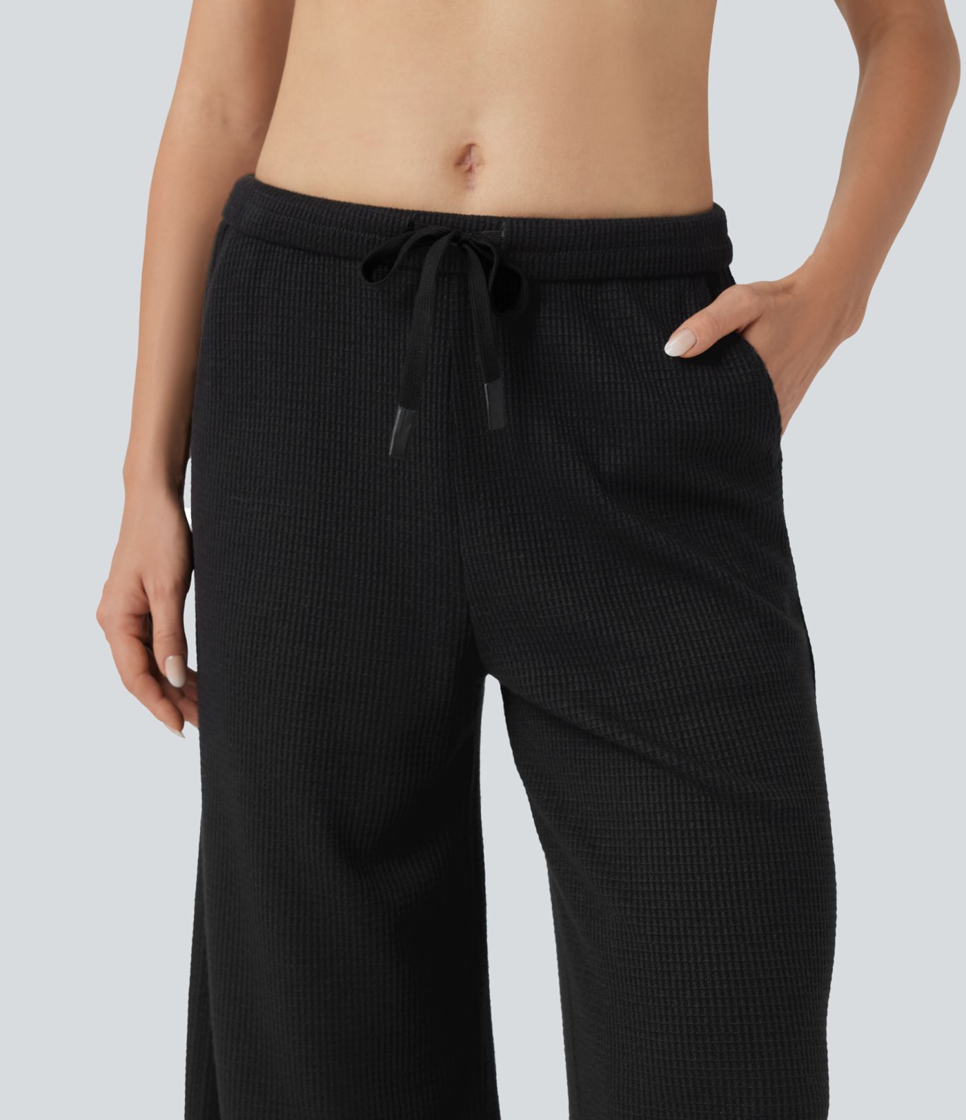 Mid Rise Drawstring Waffle Casual Baggy Pants with Pockets