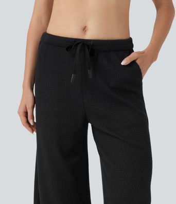 Mid Rise Drawstring Waffle Casual Baggy Pants with Pockets