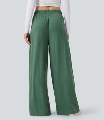 Mid Rise Drawstring Heathered Casual Baggy Pants with Pockets
