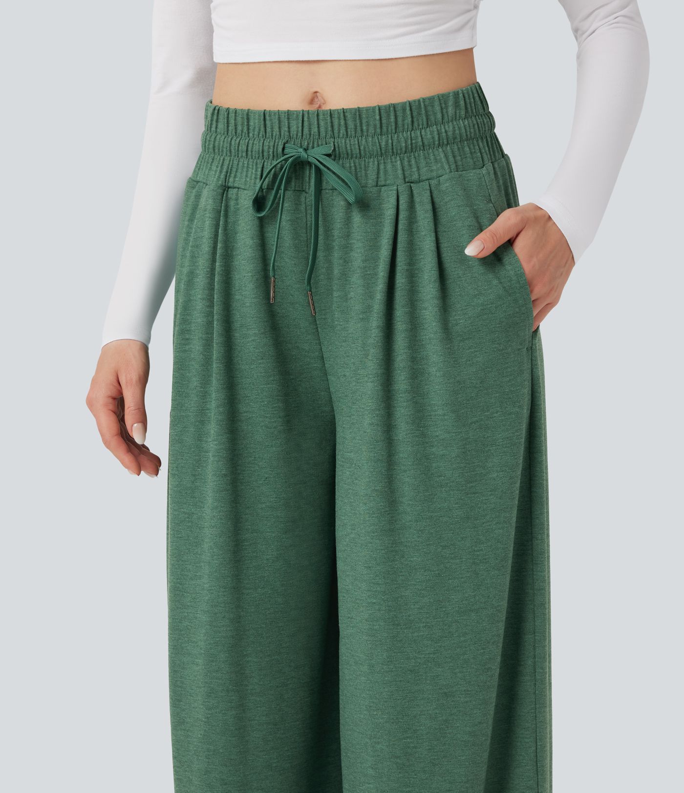 Mid Rise Drawstring Heathered Casual Baggy Pants with Pockets