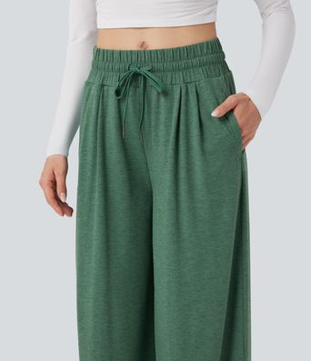 Mid Rise Drawstring Heathered Casual Baggy Pants with Pockets