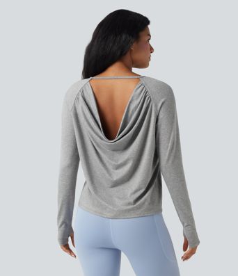 Cowl Back Long Sleeve Thumb Hole Yoga Sports Top