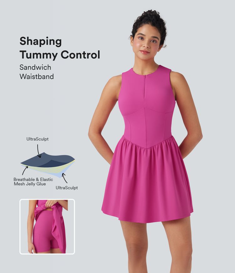 SoftlyZero™ Airy SoCinched Half Zip Sleeveless Mini Tennis Active Dress with Tummy Control Shorts
