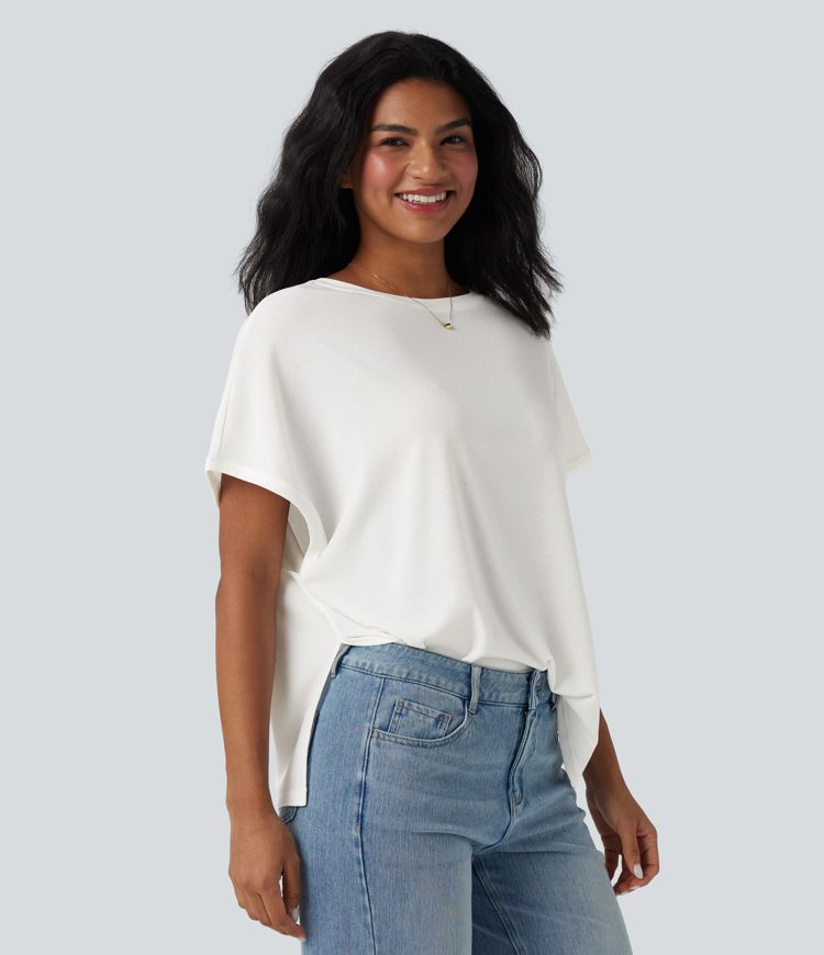 Round Neck Batwing Sleeve Relaxed Casual T-Shirt