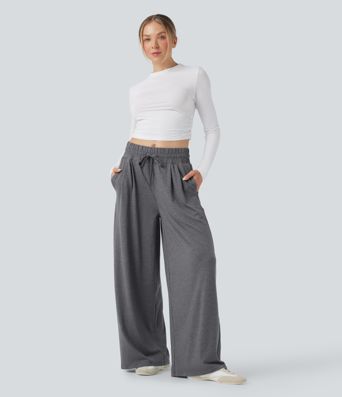 Mid Rise Drawstring Heathered Casual Baggy Pants with Pockets