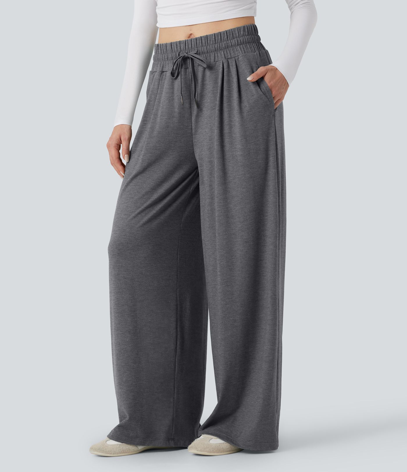 Mid Rise Drawstring Heathered Casual Baggy Pants with Pockets