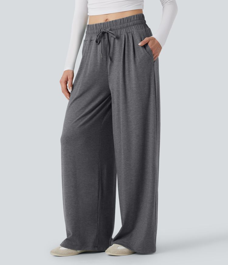 Mid Rise Drawstring Heathered Casual Baggy Pants with Pockets