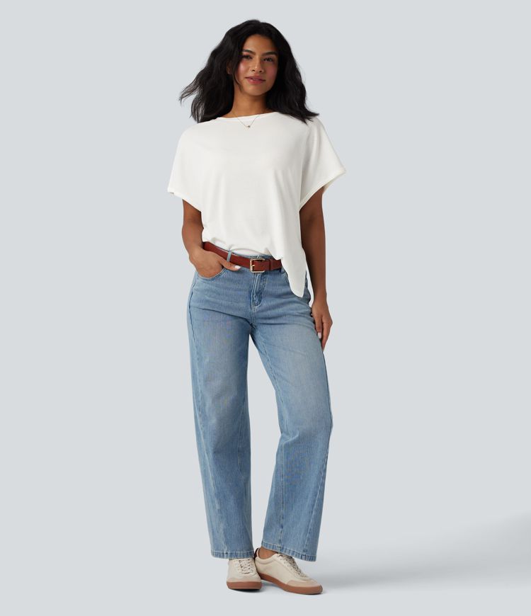 Round Neck Batwing Sleeve Relaxed Casual T-Shirt