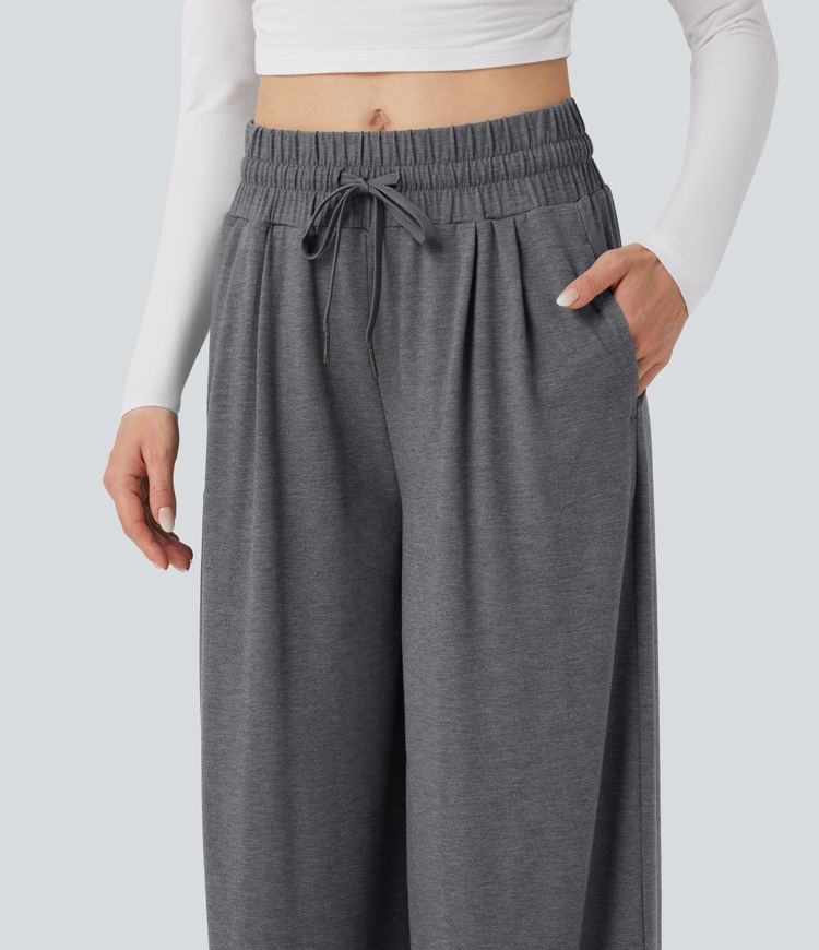 Mid Rise Drawstring Heathered Casual Baggy Pants with Pockets