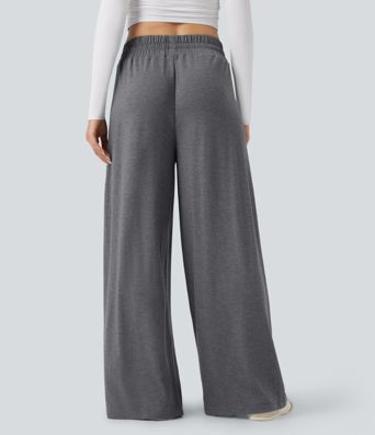 Mid Rise Drawstring Heathered Casual Baggy Pants with Pockets