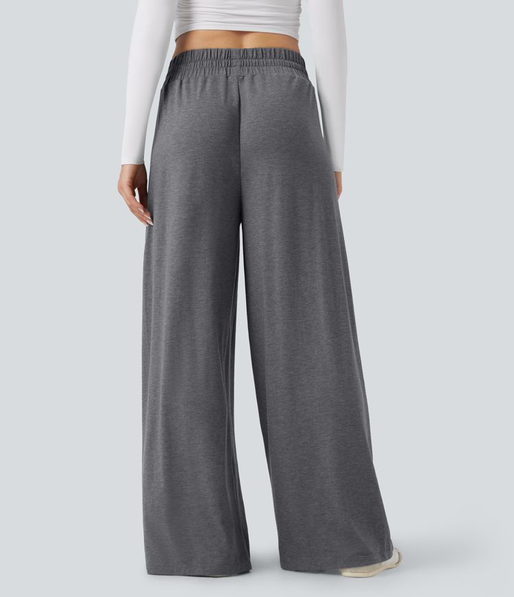 Mid Rise Drawstring Heathered Casual Baggy Pants with Pockets