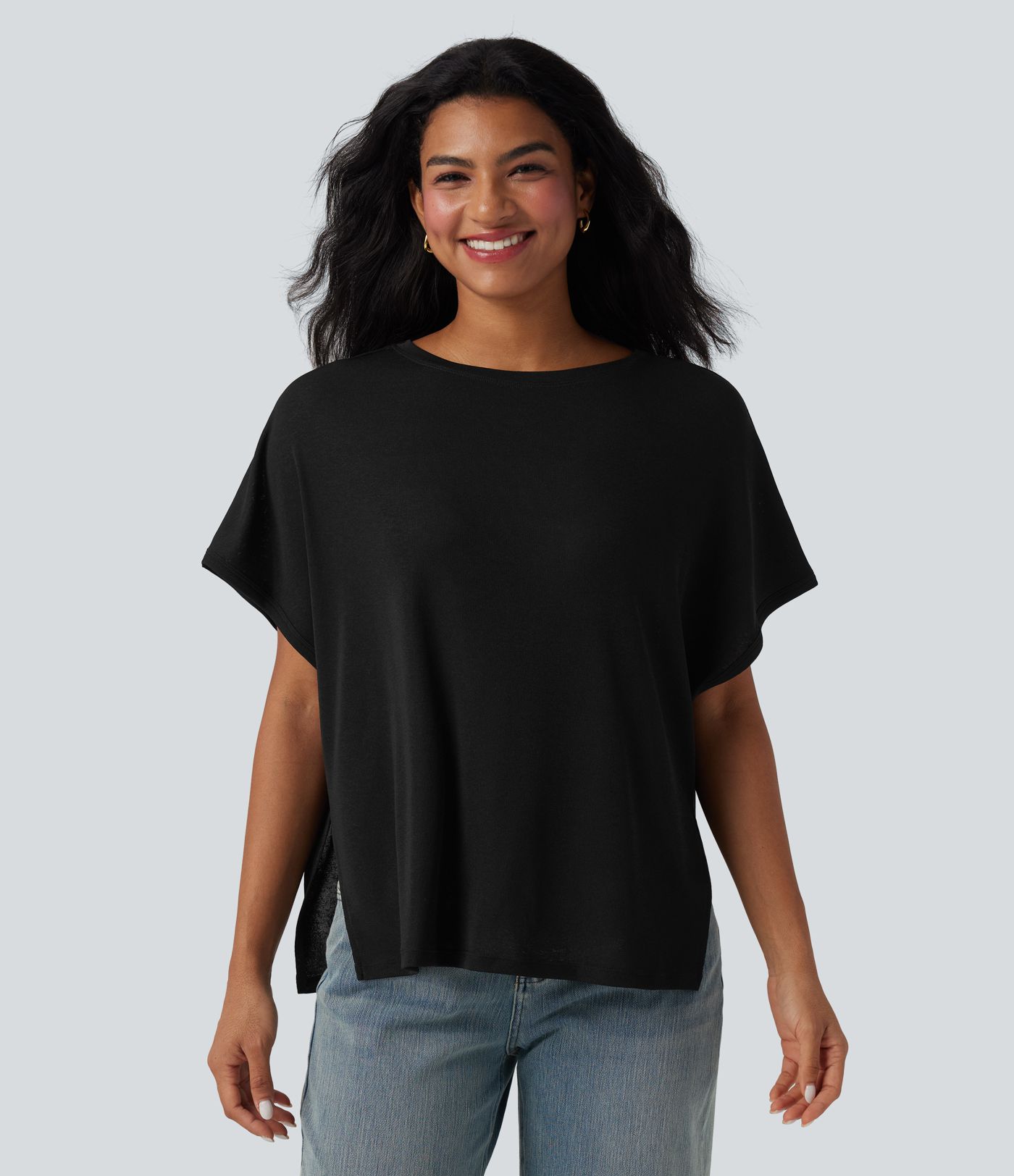 Round Neck Batwing Sleeve Relaxed Casual T-Shirt