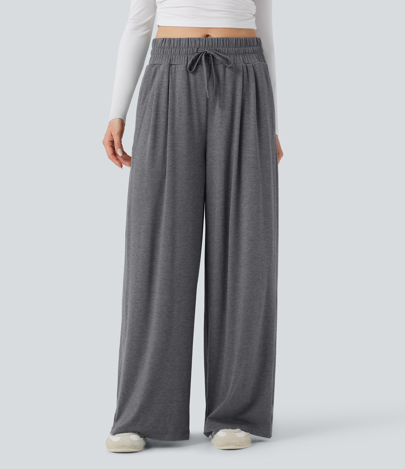 Mid Rise Drawstring Heathered Casual Baggy Pants with Pockets