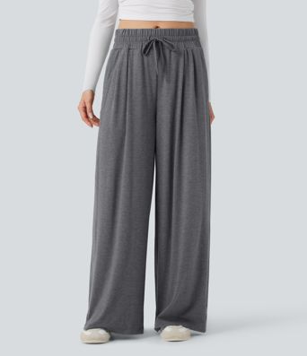 Mid Rise Drawstring Heathered Casual Baggy Pants with Pockets