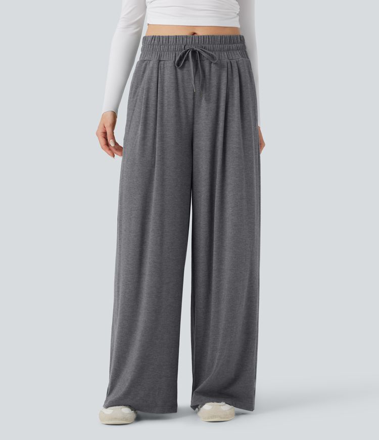 Mid Rise Drawstring Heathered Casual Baggy Pants with Pockets
