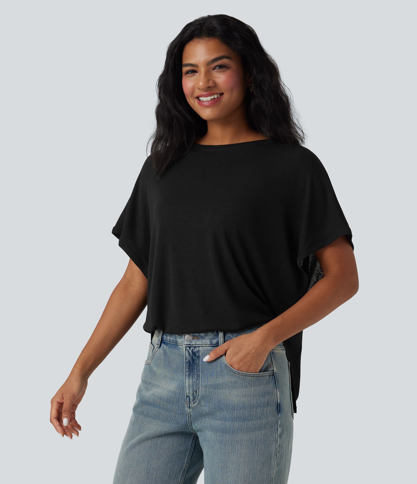 Round Neck Batwing Sleeve Relaxed Casual T-Shirt