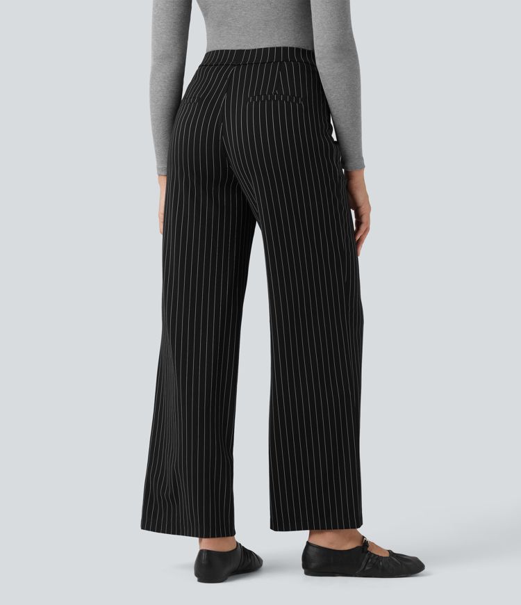 High Waisted Straight Leg Stripe Work Trousers with Pockets
