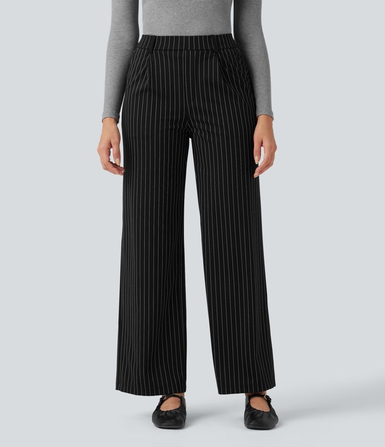 High Waisted Straight Leg Cool Touch Stripe Work Pants with Pockets
