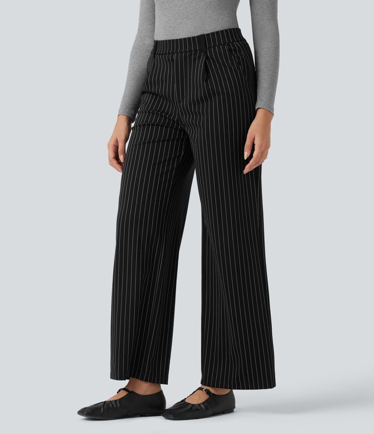 High Waisted Straight Leg Cool Touch Stripe Work Pants with Pockets