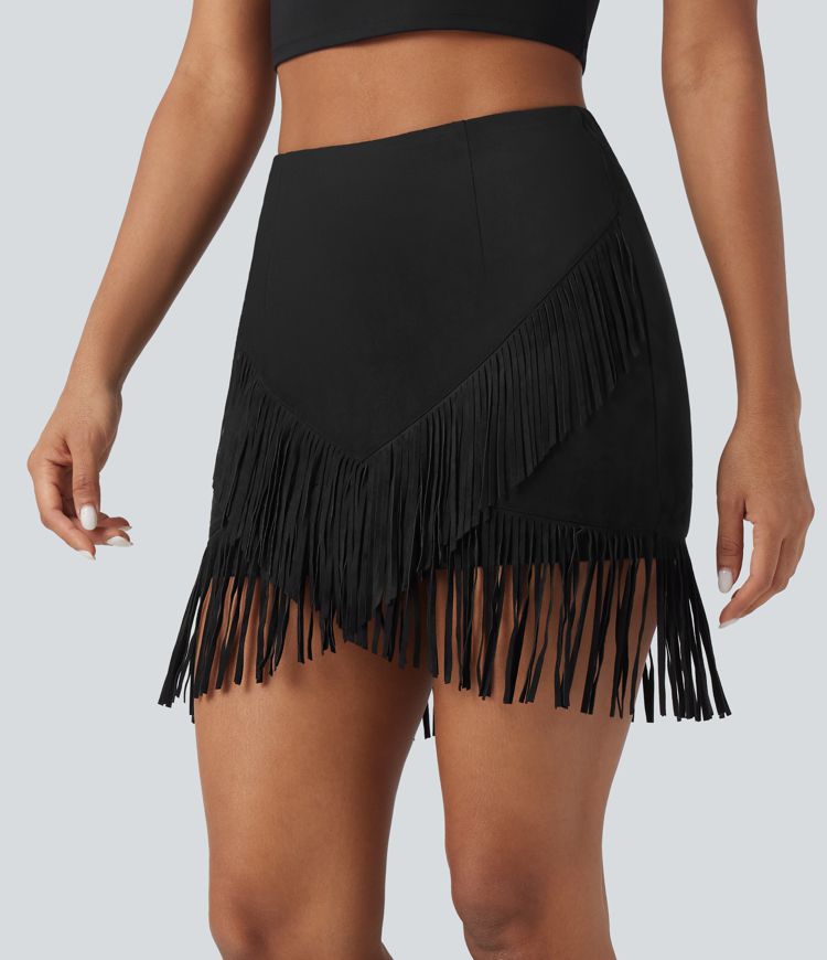 High Waisted 2-in-1 Fringe Hem Bodycon Mini Suede Casual Skirt