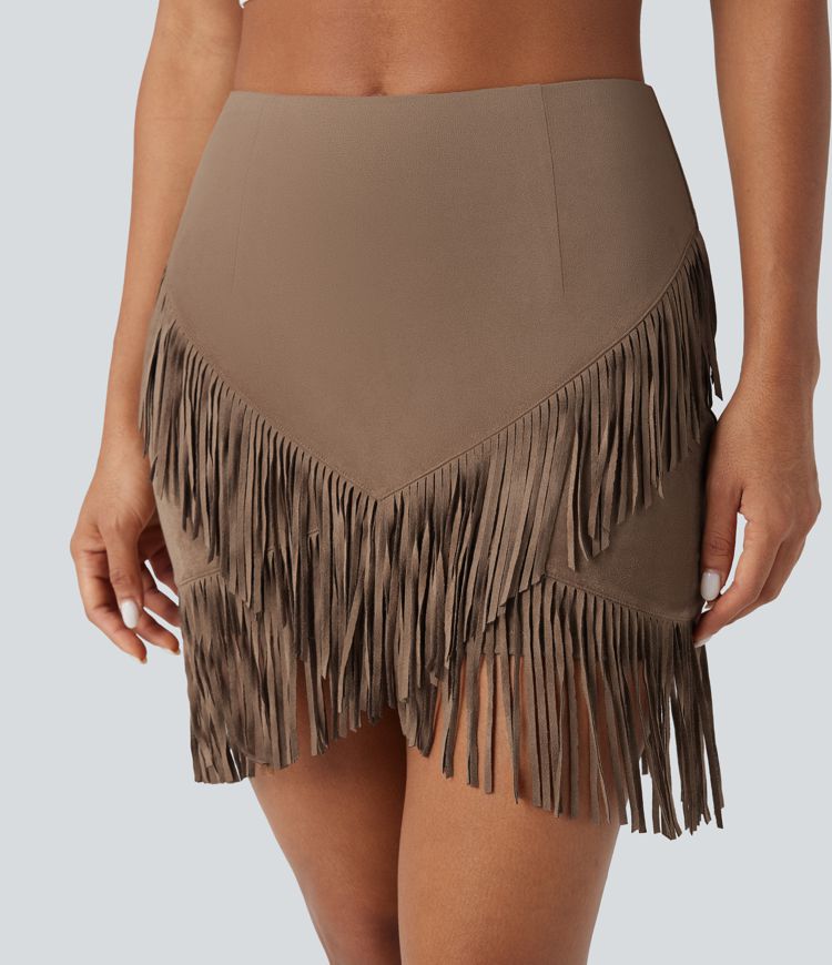 High Waisted 2-in-1 Fringe Hem Bodycon Mini Suede Casual Skirt