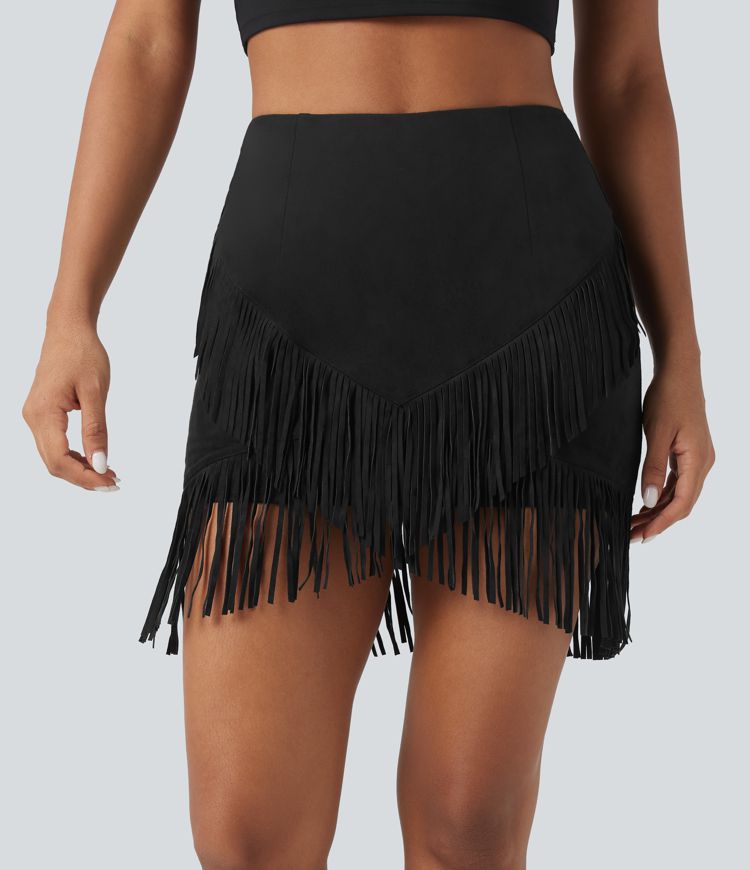High Waisted 2-in-1 Fringe Hem Bodycon Mini Suede Casual Skirt