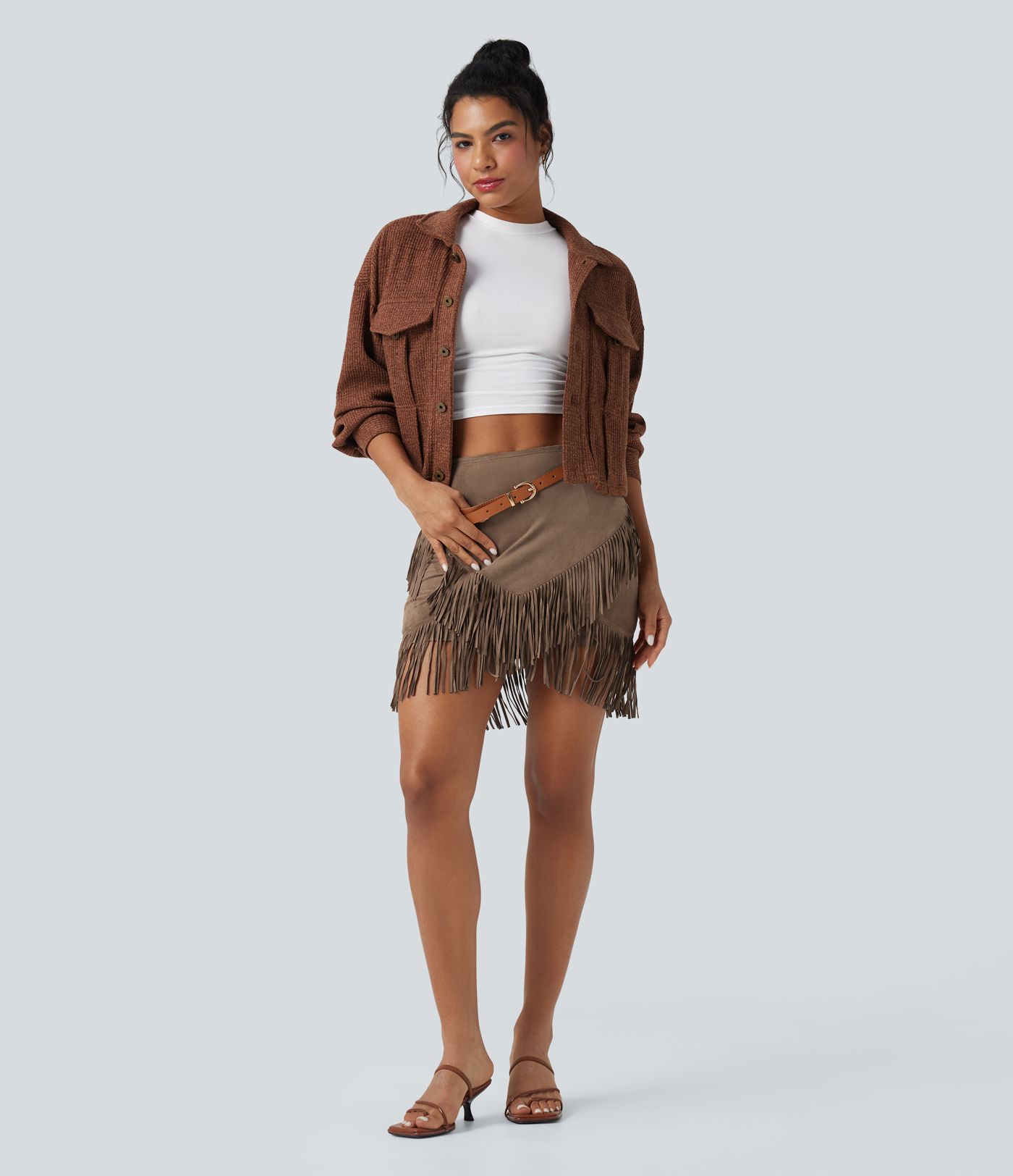 High Waisted 2-in-1 Fringe Hem Bodycon Mini Suede Casual Skirt