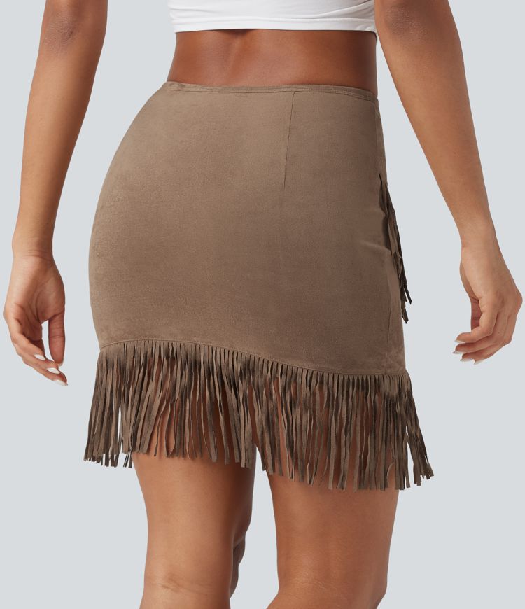 High Waisted 2-in-1 Fringe Hem Bodycon Mini Suede Casual Skirt