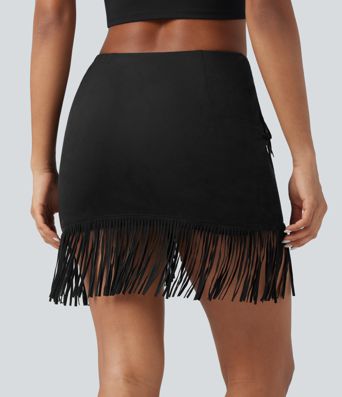 High Waisted 2-in-1 Fringe Hem Bodycon Mini Suede Casual Skirt