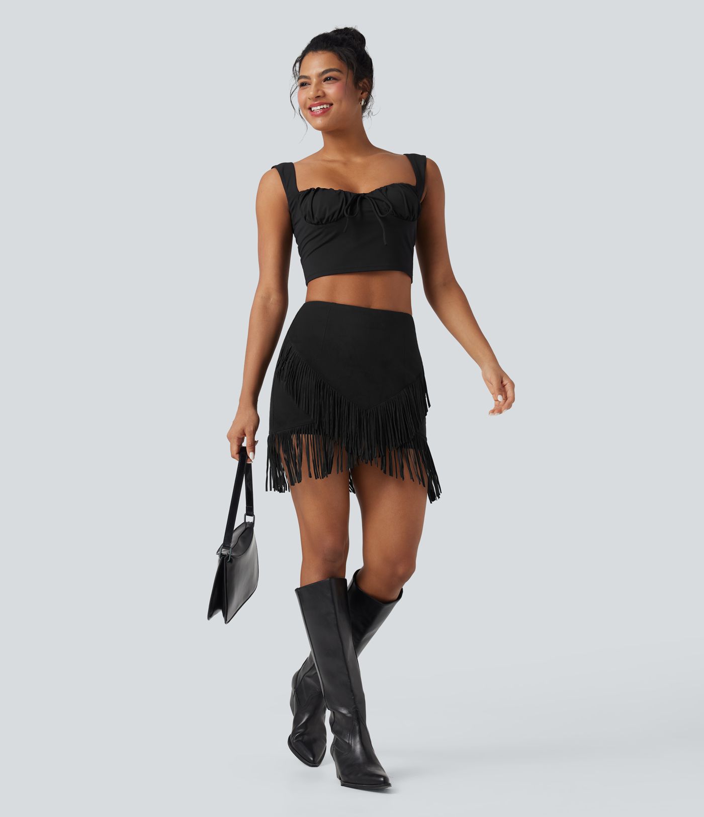 High Waisted 2-in-1 Fringe Hem Bodycon Mini Suede Casual Skirt