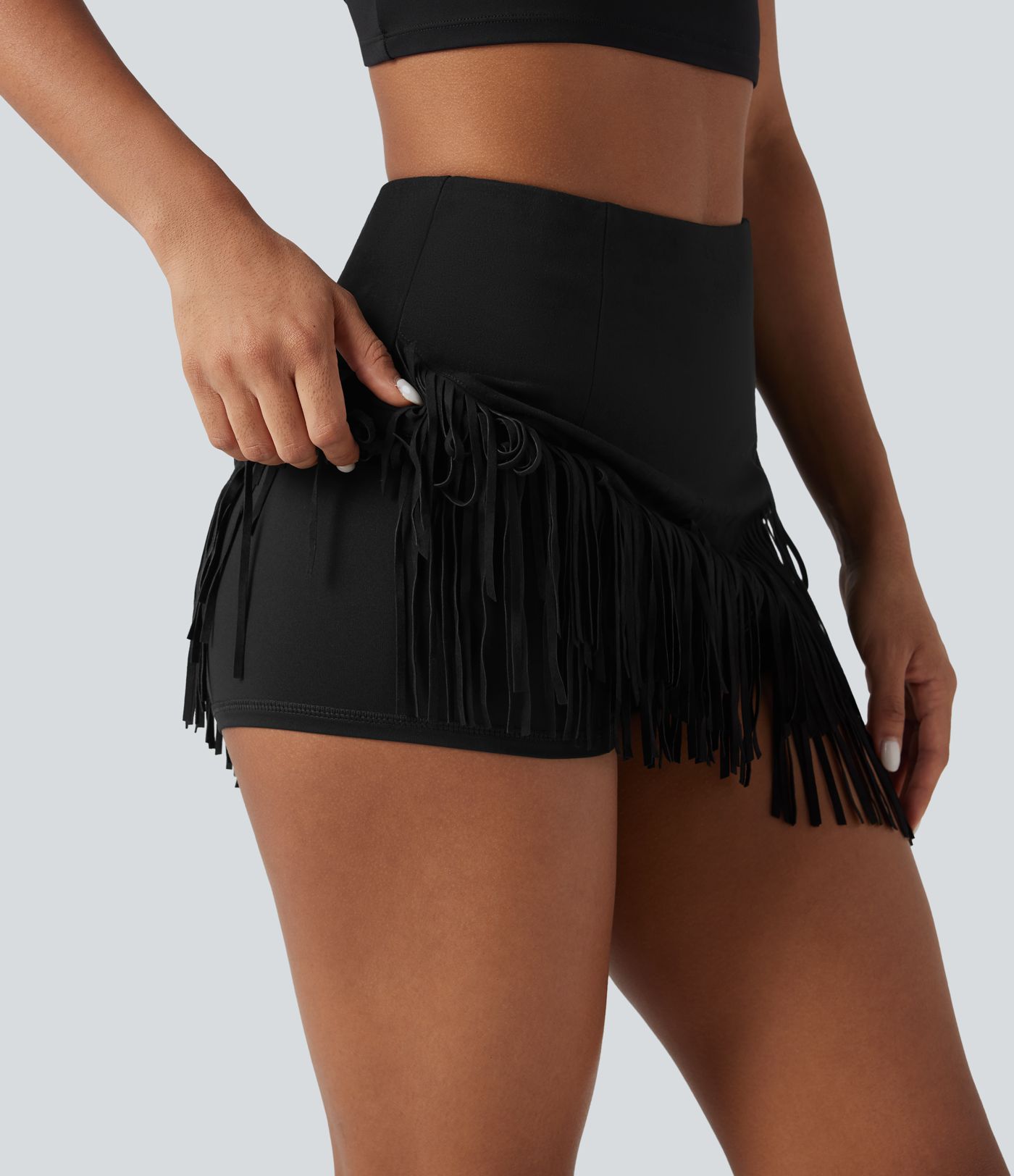 High Waisted 2-in-1 Fringe Hem Bodycon Mini Suede Casual Skirt