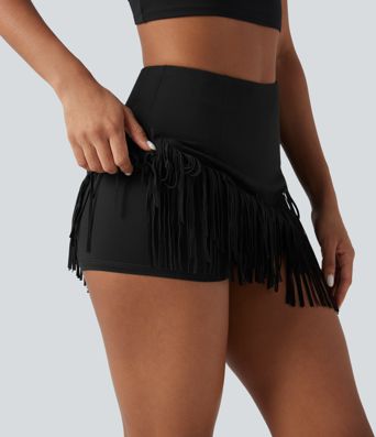 High Waisted 2-in-1 Fringe Hem Bodycon Mini Suede Casual Skirt