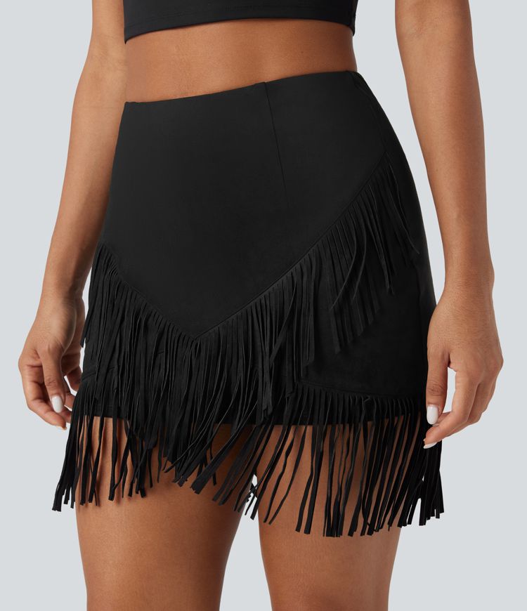 High Waisted 2-in-1 Fringe Hem Bodycon Mini Suede Casual Skirt