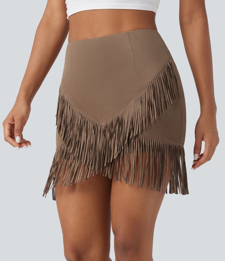High Waisted 2-in-1 Fringe Hem Bodycon Mini Suede Casual Skirt