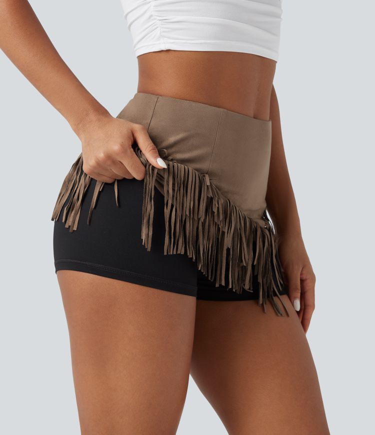 High Waisted 2-in-1 Fringe Hem Bodycon Mini Suede Casual Skirt