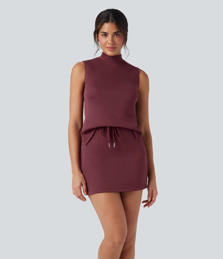 Mock Neck Sleeveless Drawstring Mini Workout Dress
