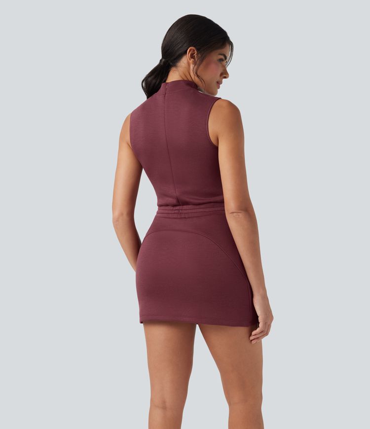 SpacerTek™ Mock Neck Sleeveless Drawstring Mini Workout Dress