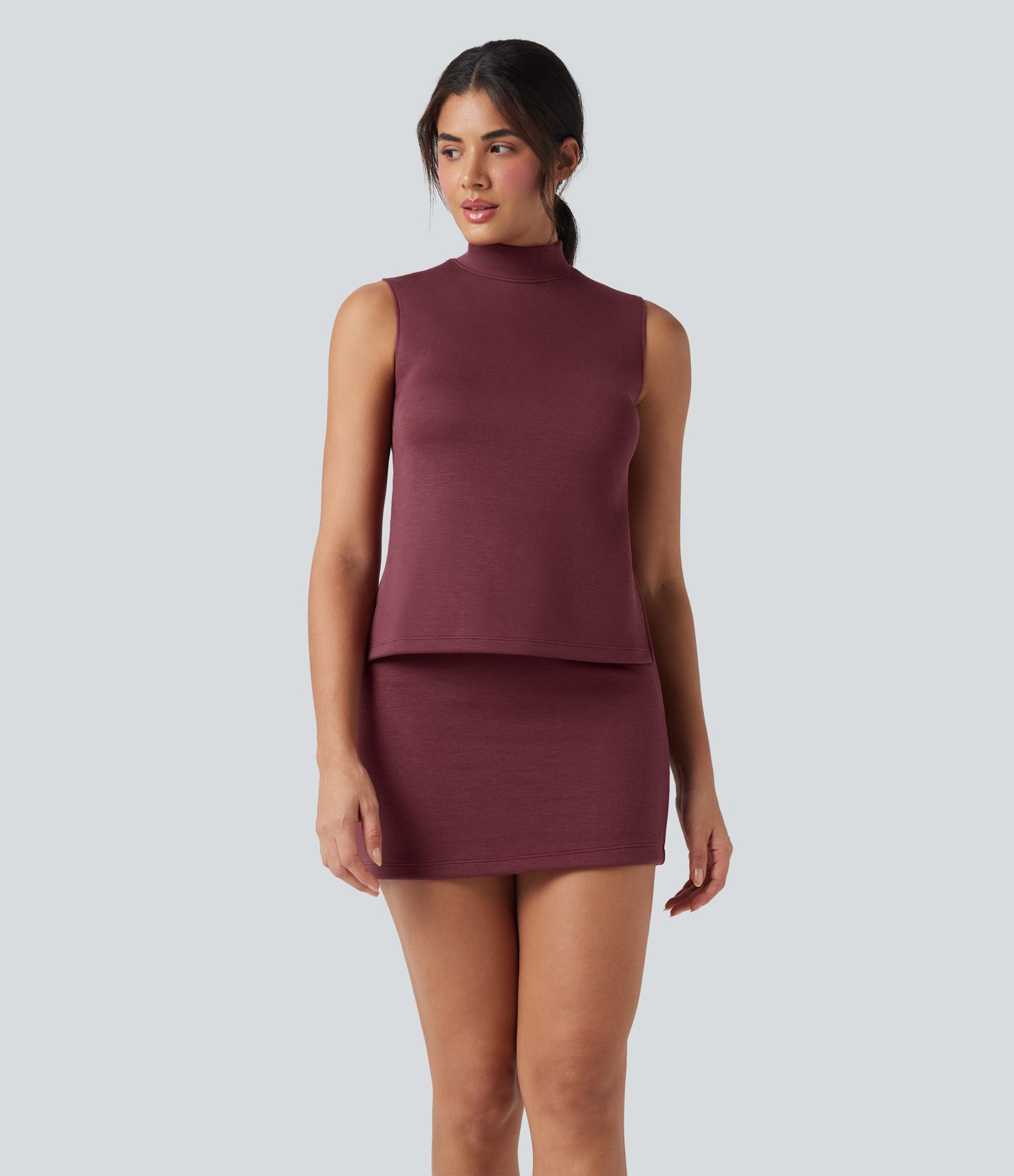 SpacerTek™ Mock Neck Sleeveless Drawstring Mini Workout Dress