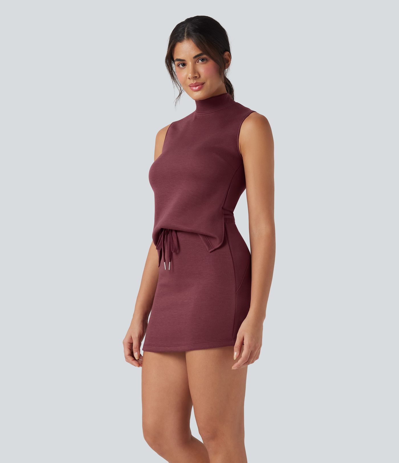 SpacerTek™ Mock Neck Sleeveless Drawstring Mini Workout Dress