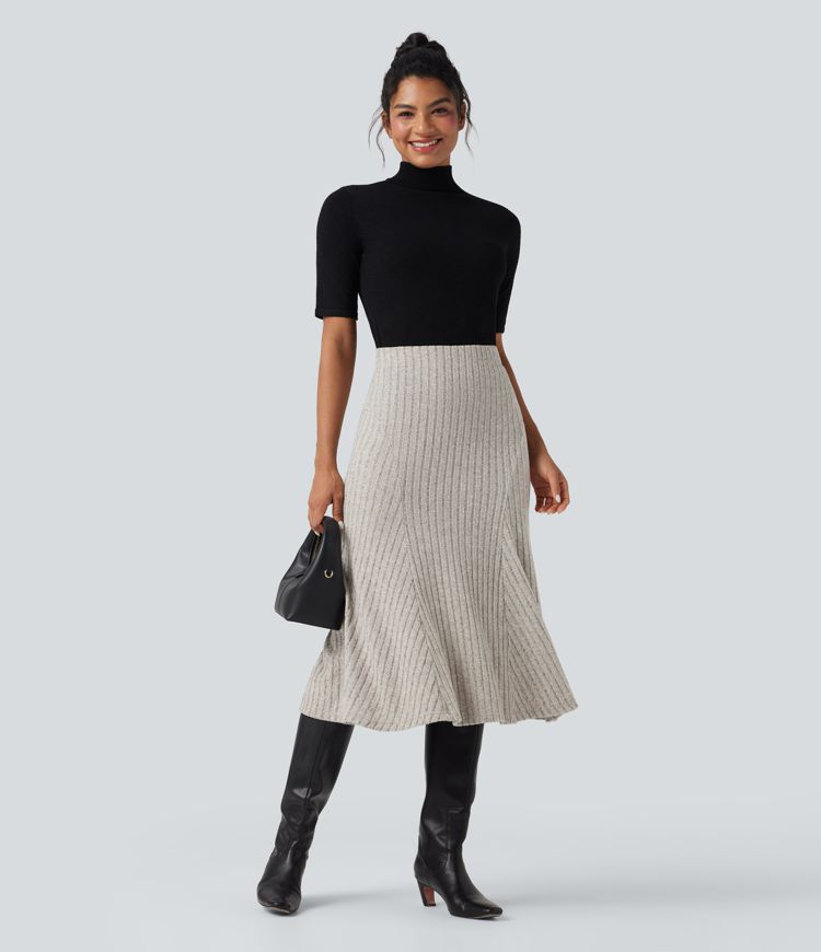 Jupe midi décontractée maille côtelée ligne A taille haute