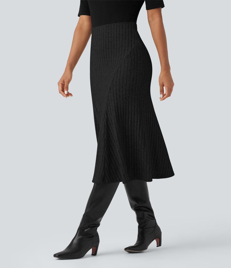 Ribbed Knit High-waisted Midi Casual A-line Skirt