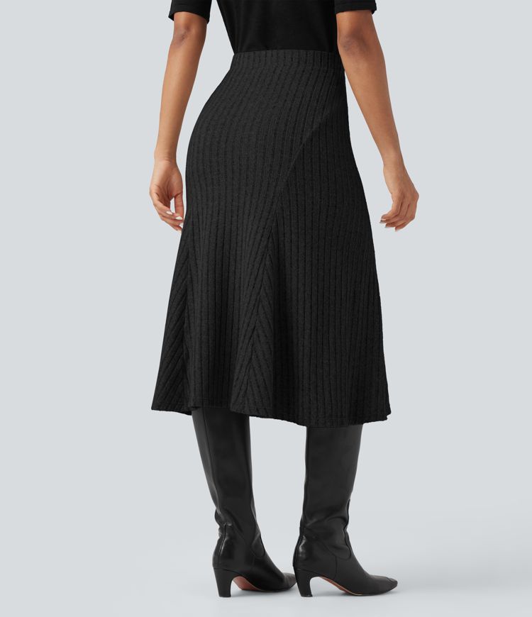 Ribbed Knit High-waisted Midi Casual A-line Skirt
