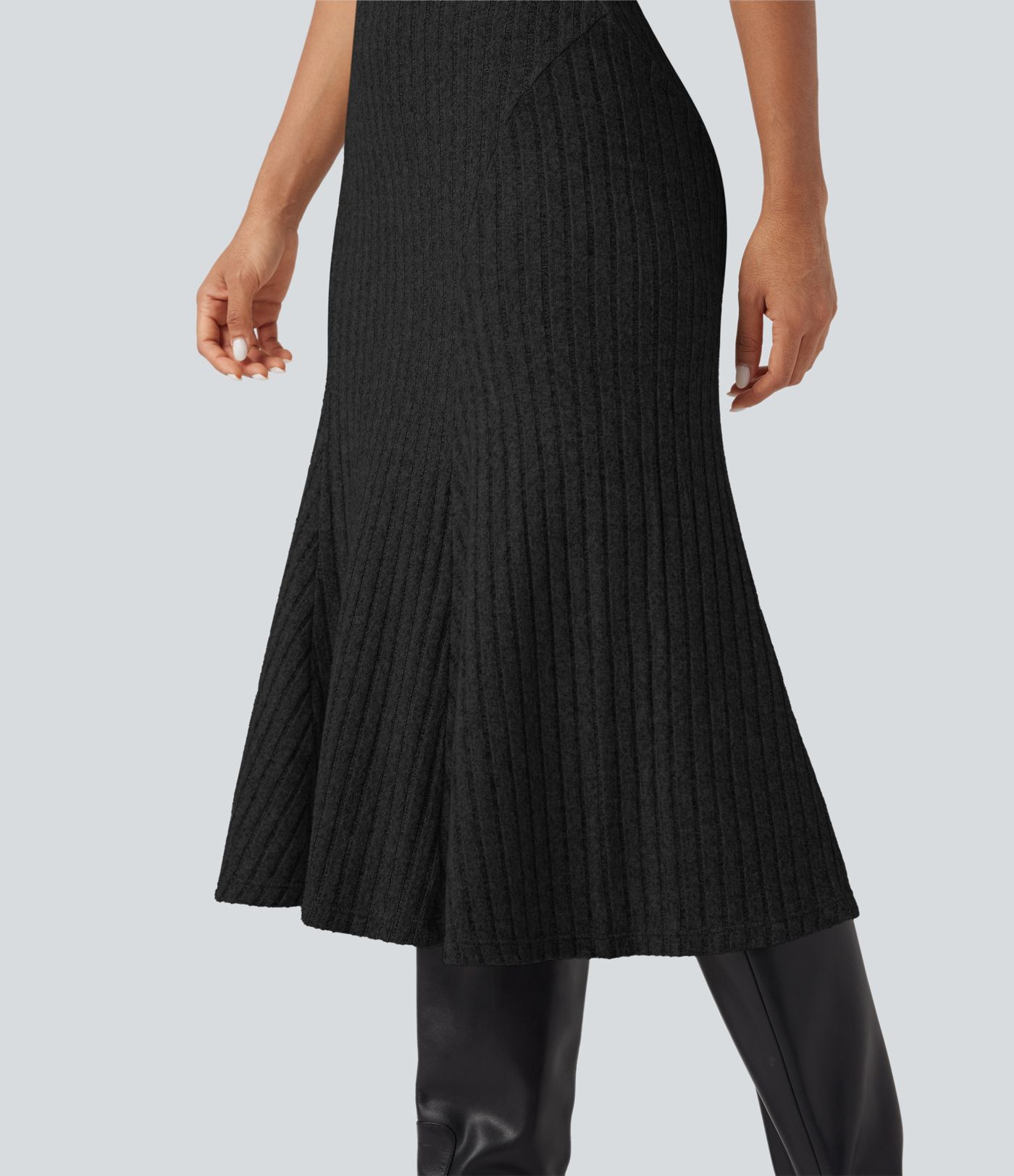 Jupe midi décontractée maille côtelée ligne A taille haute
