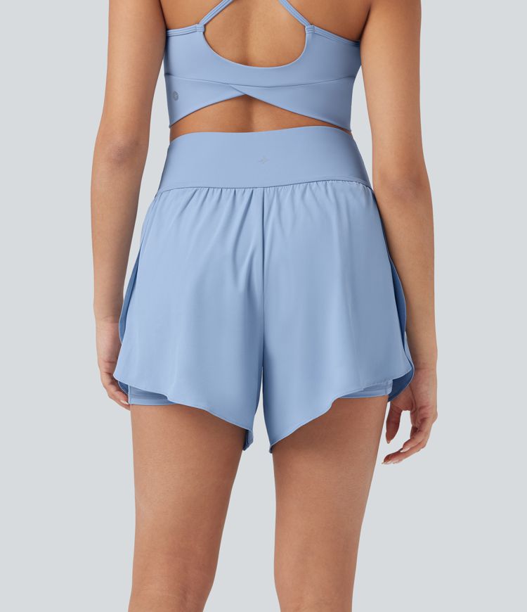 SoftlyZero™ QuickDry SoCinched High Waisted Tummy Control Reflective Dots Crossover Hem 2-in-1 Running Shorts 5'' with Pockets