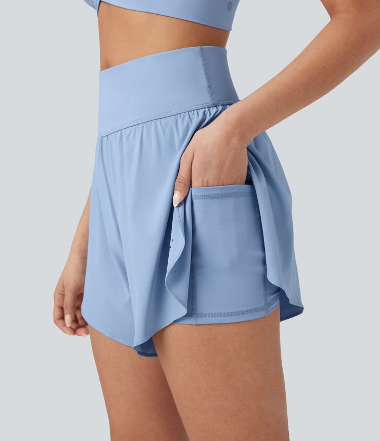 SoftlyZero™ QuickDry High Waisted Tummy Control Reflective Dots Crossover Hem 2-in-1 Running Shorts 5'' with Pockets