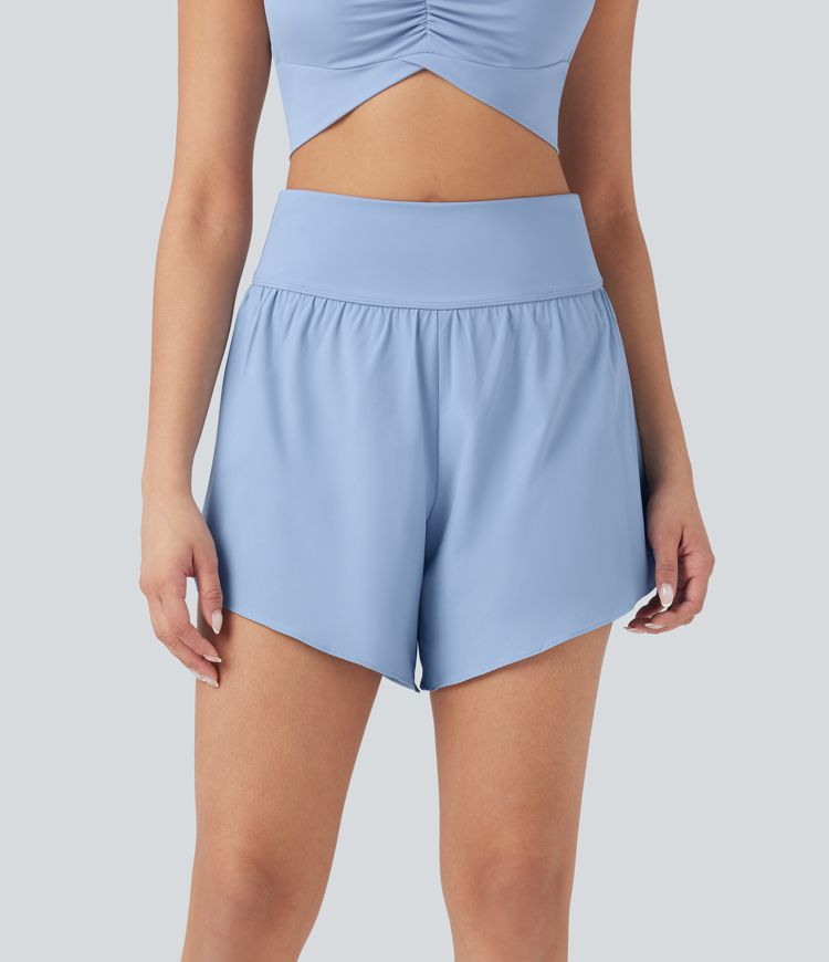 SoftlyZero™ QuickDry SoCinched High Waisted Tummy Control Reflective Dots Crossover Hem 2-in-1 Running Shorts 5'' with Pockets
