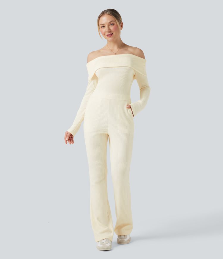 Ribbed Knit Foldover Off Shoulder Long Sleeve Bootcut Casual Jumpsuit with Pockets-Easy Peezy Edition