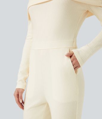 Ribbed Knit Foldover Off Shoulder Long Sleeve Bootcut Casual Jumpsuit with Pockets-Easy Peezy Edition