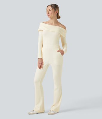 Ribbed Knit Foldover Off Shoulder Long Sleeve Bootcut Casual Jumpsuit with Pockets-Easy Peezy Edition