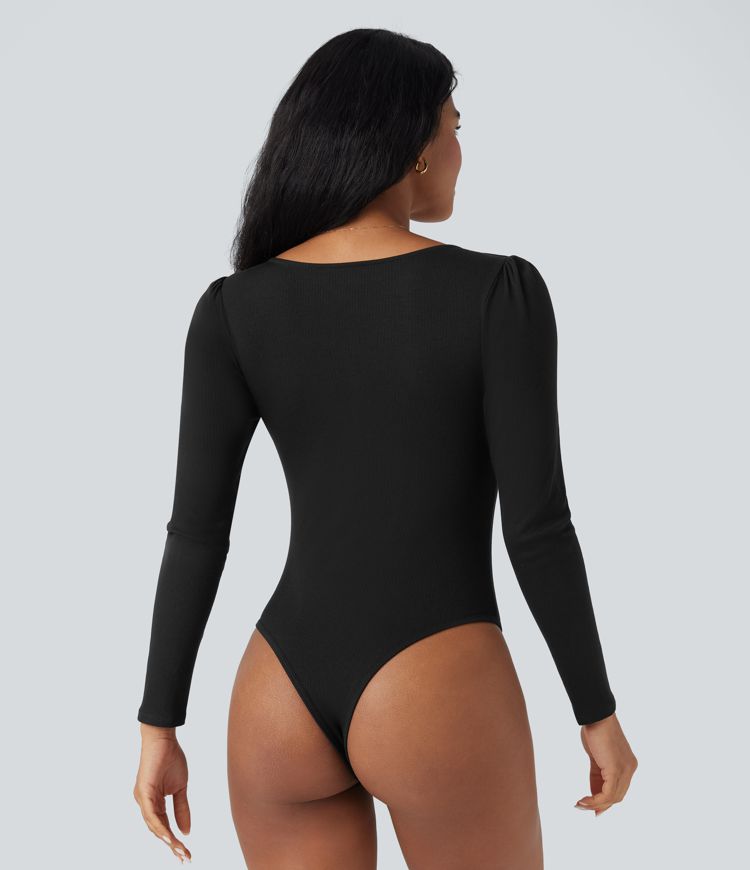 Ribbed Knit Square Neck Long Sleeve Skinny Casual Bodysuit